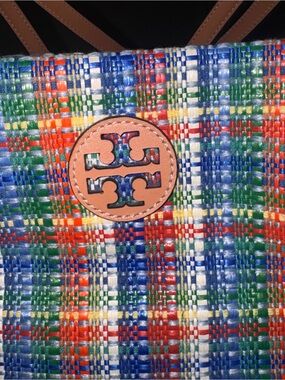 Tory Burch Multicolor Woven Plaid Tote with Tan Logo Patch